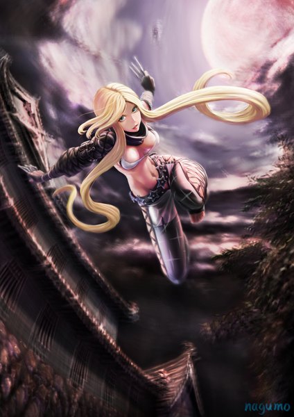 Anime picture 1024x1448 with sengoku basara production i.g kasuga nagumo (qmzp10) single long hair tall image breasts light erotic blonde hair signed sky cleavage cloud (clouds) barefoot aqua eyes lips realistic flying girl