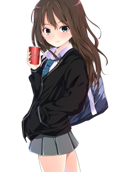 Anime picture 848x1200 with idolmaster idolmaster cinderella girls shibuya rin amasora taichi single long hair tall image blush fringe simple background smile brown hair standing white background pleated skirt aqua eyes open collar hand in pocket girl skirt