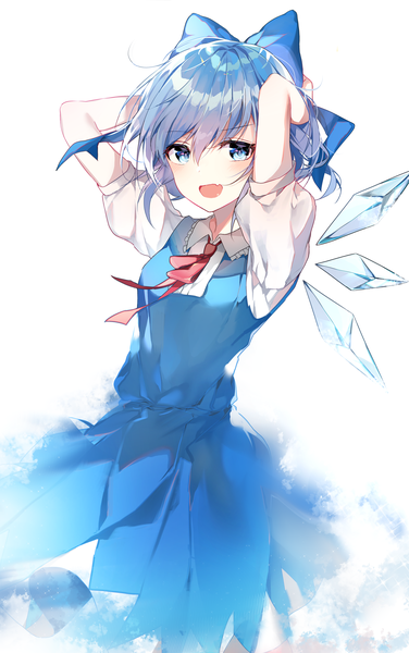 Anime picture 3537x5645 with touhou cirno bara (03 bara ) single tall image looking at viewer fringe highres short hair blue eyes simple background hair between eyes white background blue hair absurdres puffy sleeves arms behind head girl dress bow