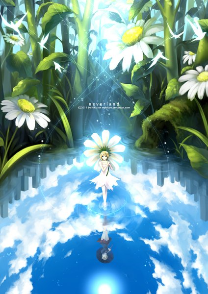 Anime picture 800x1132 with original myhilary single tall image short hair blue eyes blonde hair signed sky cloud (clouds) reflection girl dress flower (flowers) animal water serafuku white dress bird (birds) umbrella