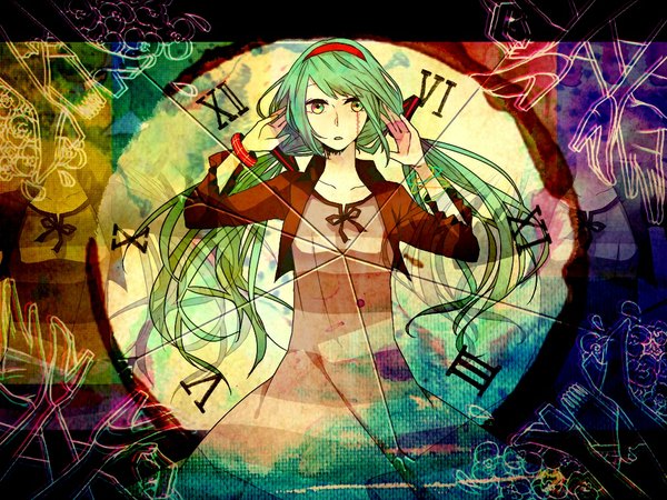 Anime picture 1024x768 with vocaloid hatsune miku sorakura shikiji single long hair looking at viewer open mouth twintails green eyes green hair girl dress ribbon (ribbons) bracelet hairband clock