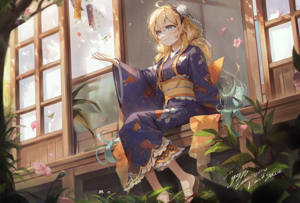 Anime picture 3568x2417 with original kellymonica02 single long hair blush fringe highres blue eyes blonde hair smile hair between eyes sitting twintails signed looking away absurdres full body ahoge outdoors multicolored hair