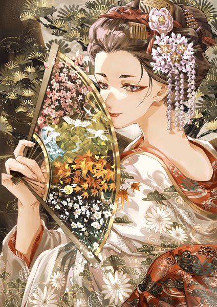 Anime picture 2480x3508 with original tsukimiya akira single tall image looking at viewer highres short hair brown hair holding brown eyes upper body traditional clothes japanese clothes hair flower fingernails light smile lips wide sleeves hair bun (hair buns) lipstick