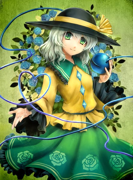 Anime picture 1108x1500 with touhou komeiji koishi nora (le-chat-noir) single tall image looking at viewer short hair green eyes white hair girl dress flower (flowers) hat