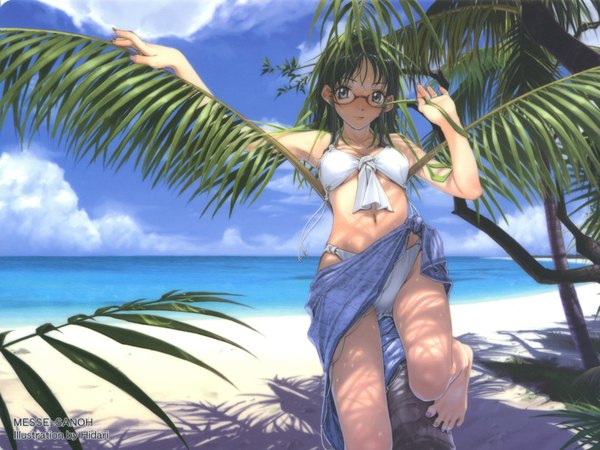 Anime picture 1600x1200 with messe sanoh hidari (left side) light erotic sky beach summer swimsuit bikini white bikini