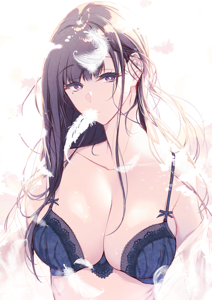 Anime picture 1416x2000 with ane naru mono chiyo (ane naru mono) pochi (pochi-goya) single long hair tall image looking at viewer fringe breasts light erotic black hair simple background large breasts white background purple eyes cleavage upper body off shoulder mole official art