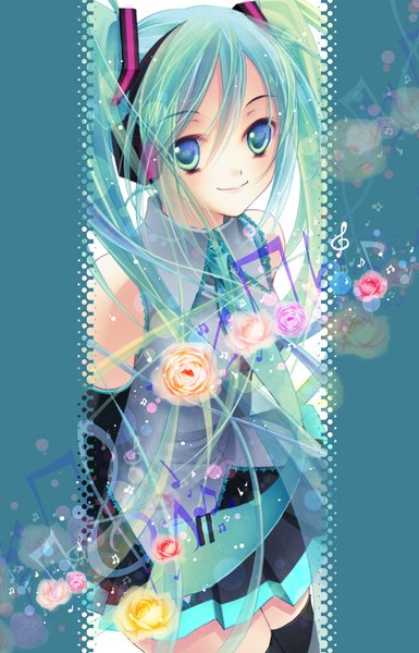 Anime picture 643x1000 with vocaloid hatsune miku nishiwaki yuuri single long hair tall image looking at viewer fringe smile standing twintails green eyes pleated skirt green hair girl thighhighs skirt black thighhighs detached sleeves clothes