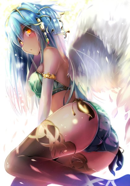 Anime picture 1053x1500 with original natsu (anta tte hitoha) single long hair tall image looking at viewer blush fringe light erotic sitting bare shoulders blue hair bent knee (knees) ass parted lips orange eyes angel wings white wings girl hair ornament