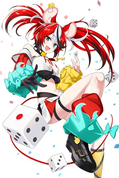 Anime picture 2133x3200 with virtual youtuber hololive hololive english hakos baelz dice gt single long hair tall image fringe highres open mouth blue eyes hair between eyes white background twintails animal ears red hair tail :d animal tail