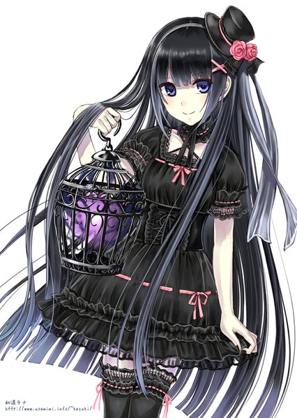 Anime picture 710x1000 with original kazuharu kina single long hair tall image looking at viewer blue eyes black hair simple background smile white background lolita fashion goth-loli girl dress hat frills hairband cage