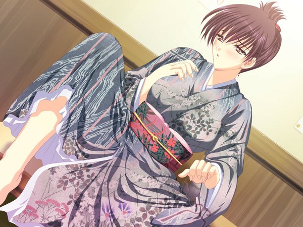 Anime picture 1024x768 with happy harem script (game) short hair red eyes brown hair game cg japanese clothes girl kimono