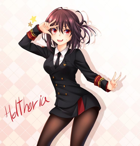 Anime-Bild 1000x1044 mit original helther single tall image looking at viewer blush short hair open mouth smile red eyes purple hair inscription victory smirk girl skirt uniform pantyhose necktie star (symbol)