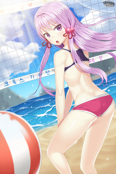 Anime picture 840x1260 with sword girls crux knight pintail (sword girls) nyangvh single long hair tall image looking at viewer blush fringe open mouth light erotic hair between eyes standing purple eyes bare shoulders sky purple hair cloud (clouds) bent knee (knees) outdoors