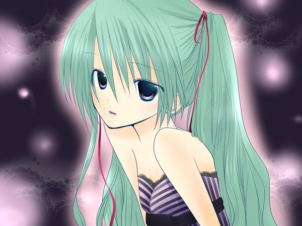 Anime picture 1400x1050 with vocaloid hatsune miku long hair twintails bare shoulders aqua hair sleeveless girl dress