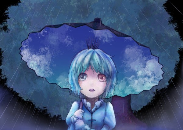 Anime picture 1500x1061 with touhou tatara kogasa single short hair open mouth blue hair sky heterochromia rain sky print girl umbrella