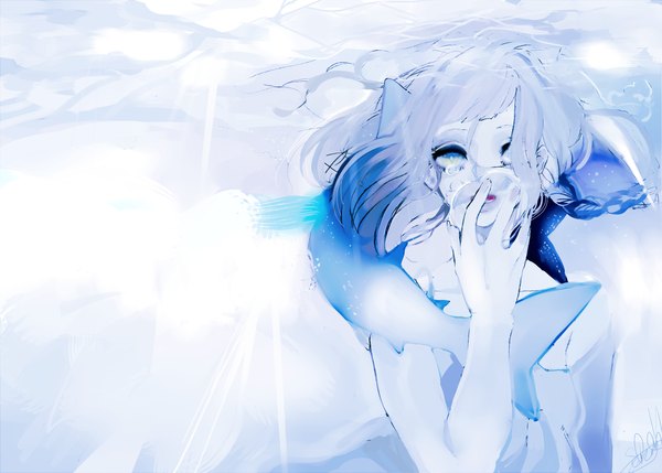 Anime picture 1824x1307 with original maydell single looking at viewer highres short hair open mouth signed tears monochrome underwater girl water bubble (bubbles) fish (fishes)