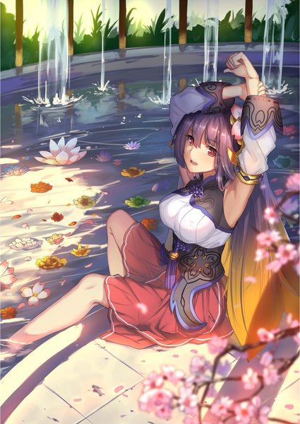 Anime picture 1242x1753 with the legend of sword and fairy: mirror of illusion yan tong musynexsk single long hair tall image looking at viewer fringe breasts open mouth hair between eyes red eyes brown hair large breasts multicolored hair orange hair arms up bare legs depth of field cherry blossoms