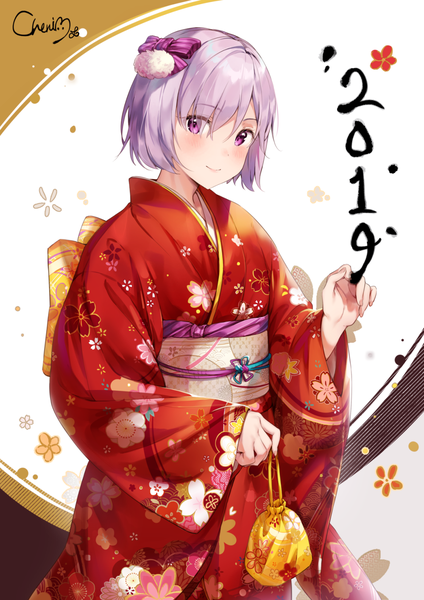 Anime picture 1000x1414 with fate (series) fate/grand order mash kyrielight cherim single tall image looking at viewer blush fringe short hair simple background smile hair between eyes standing purple eyes holding signed pink hair traditional clothes japanese clothes