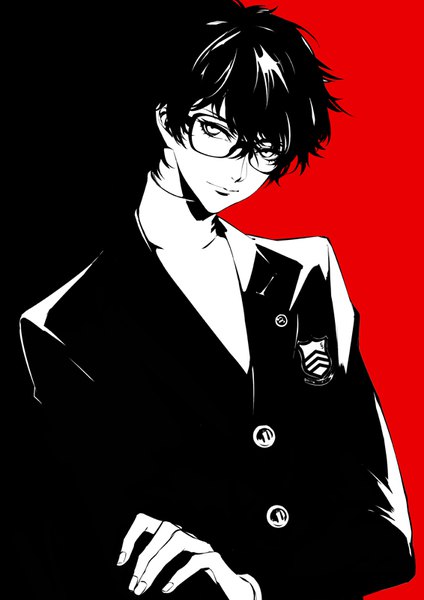 Anime picture 566x800 with persona 5 persona amamiya ren zmore single tall image looking at viewer fringe short hair hair between eyes upper body head tilt monochrome holding arm boy buttons turtleneck