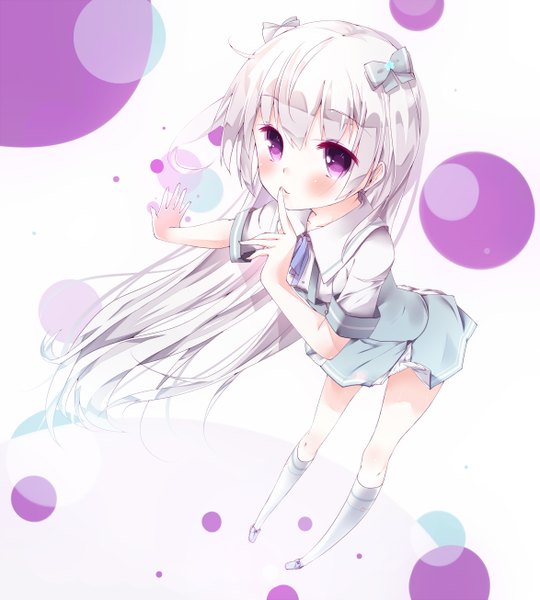 Anime picture 1174x1305 with original yomogi single long hair tall image looking at viewer blush fringe simple background purple eyes silver hair leaning leaning forward arched back pointing girl dress bow ribbon (ribbons) hair bow