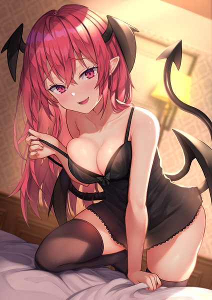 Anime picture 1447x2047 with touhou koakuma wowoguni single long hair tall image looking at viewer blush fringe breasts open mouth light erotic smile hair between eyes red eyes large breasts standing cleavage red hair indoors