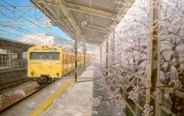 Anime picture 2065x1305 with original akashikaikyo highres sky cloud (clouds) wind flower (flowers) plant (plants) petals tree (trees) clock train train station