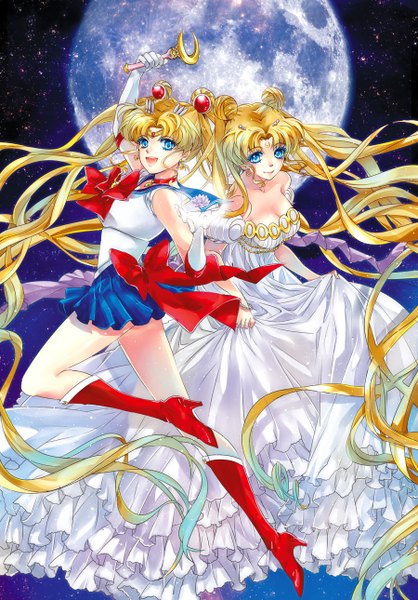 Anime picture 900x1290 with bishoujo senshi sailor moon toei animation sailor moon princess serenity tsuna2727 long hair tall image open mouth blue eyes blonde hair smile twintails multiple girls holding sky very long hair pleated skirt night hair bun (hair buns) night sky