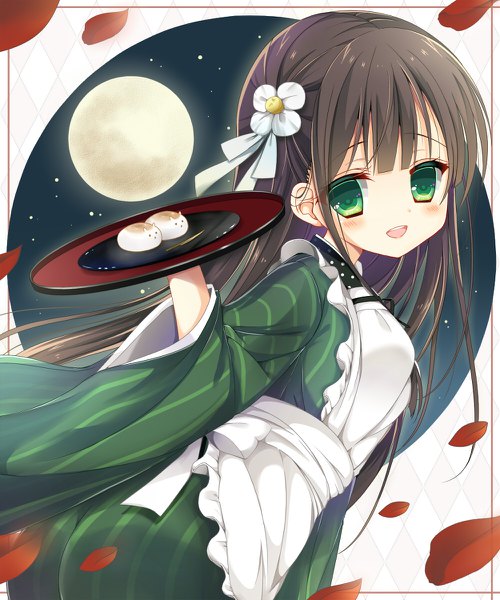 Anime picture 1000x1200 with gochuumon wa usagi desu ka? white fox ujimatsu chiya shiiba nae single long hair tall image looking at viewer blush fringe open mouth black hair green eyes traditional clothes :d japanese clothes hair flower wa maid girl flower (flowers)