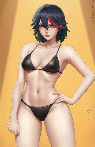 Anime picture 1933x3000 with kill la kill studio trigger matoi ryuuko sciamano240 single tall image looking at viewer fringe highres short hair breasts blue eyes light erotic black hair simple background hair between eyes large breasts standing signed cleavage