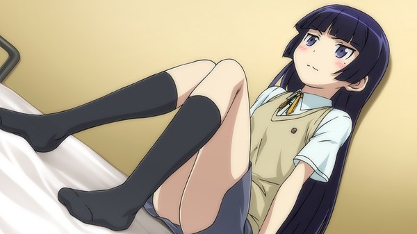 Anime picture 1280x720 with ore no imouto ga konna ni kawaii wake ga nai gokou ruri single long hair looking at viewer blush black hair wide image sitting purple eyes game cg legs girl skirt uniform school uniform