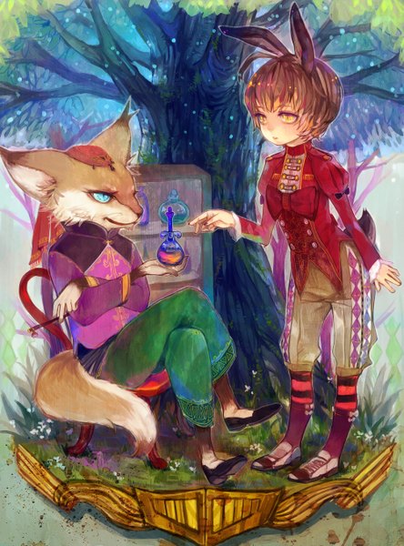 Anime picture 2000x2699 with original sono (pixiv) tall image highres short hair blue eyes brown hair standing sitting animal ears yellow eyes tail animal tail bunny ears crossed legs crossed arms bow plant (plants) animal tree (trees)