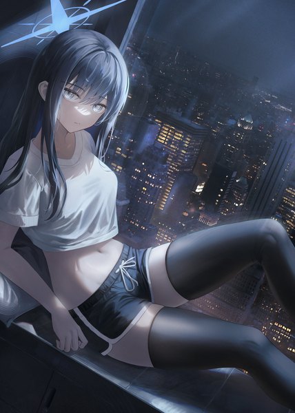Anime picture 1914x2684 with blue archive saori (blue archive) flippy (cripine111) single long hair tall image looking at viewer fringe highres black hair hair between eyes sitting bent knee (knees) night midriff alternate costume night sky city cityscape silver eyes