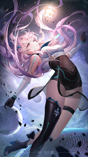 Anime picture 1080x1928 with original yue xiao e single long hair tall image fringe breasts hair between eyes signed looking away pink hair braid (braids) parted lips pink eyes blurry high heels floating hair hieroglyph looking up space