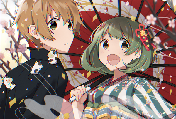 Anime picture 1748x1181 with original tasi y looking at viewer highres short hair open mouth brown hair brown eyes green eyes traditional clothes :d japanese clothes green hair new year girl boy hair ornament flower (flowers) animal kimono