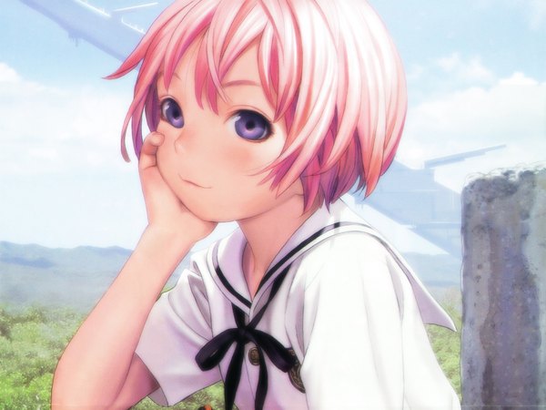 Anime picture 1600x1200 with shangri-la gonzo houjou kuniko range murata single looking at viewer fringe short hair smile sitting purple eyes pink hair sky cloud (clouds) outdoors short sleeves flat chest head rest chin rest bob cut