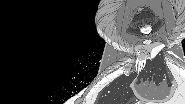Anime picture 1920x1080 with touhou yasaka kanako sunatoshi single looking at viewer fringe highres short hair smile wide image sitting long sleeves wallpaper puffy sleeves grin black background monochrome girl hair ornament rope