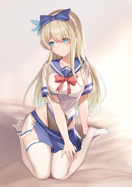 Anime picture 1000x1414 with warship girls r lexington (cv-16) (warship girls r) bison cangshu single long hair tall image blush fringe blue eyes light erotic simple background blonde hair hair between eyes white background sitting payot looking away full body pleated skirt short sleeves