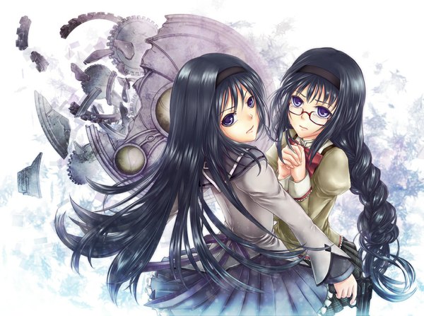 Anime picture 1110x828 with mahou shoujo madoka magica shaft (studio) akemi homura iz296 long hair black hair purple eyes multiple girls braid (braids) dual persona girl skirt uniform weapon 2 girls school uniform miniskirt glasses hairband gun