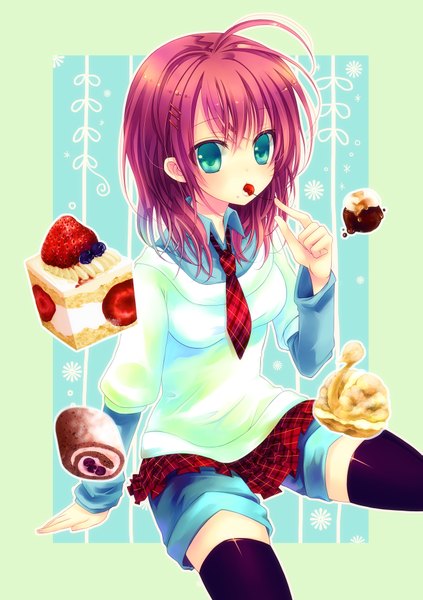 Anime picture 1325x1880 with original konno kengo single long hair tall image pink hair ahoge pleated skirt aqua eyes girl thighhighs black thighhighs necktie food sweets berry (berries) cake strawberry chocolate cherry