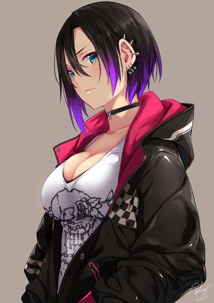 Anime picture 1748x2481 with original re lucy single tall image looking at viewer blush fringe highres short hair breasts light erotic black hair simple background hair between eyes large breasts green eyes signed payot cleavage upper body