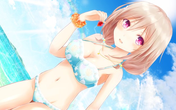 Anime picture 1920x1200 with girlfriend (kari) kazemachi haruka masa (mirage77) single looking at viewer blush fringe highres short hair breasts open mouth light erotic hair between eyes brown hair standing twintails bare shoulders holding payot sky