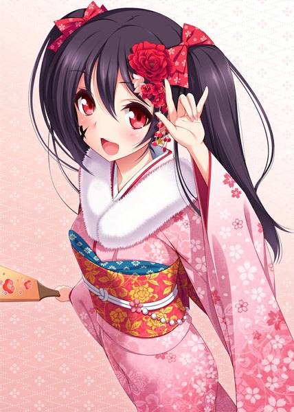 Anime picture 770x1080 with love live! school idol project sunrise (studio) love live! yazawa nico cygnus (artist) single long hair tall image looking at viewer blush open mouth black hair red eyes twintails traditional clothes japanese clothes hair flower new year mmm girl