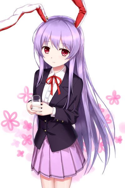 Anime picture 800x1200 with touhou reisen udongein inaba tucana single long hair tall image looking at viewer blush simple background red eyes white background animal ears purple hair bunny ears girl glass milk