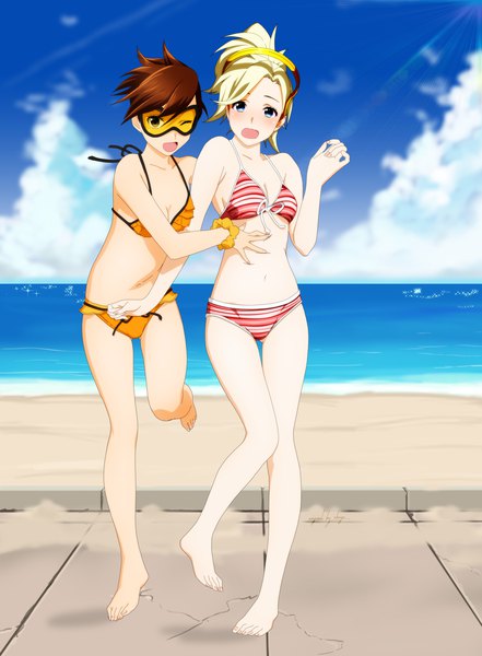Anime picture 2206x3000 with overwatch blizzard entertainment mercy (overwatch) tracer (overwatch) shugo19 tall image looking at viewer highres short hair open mouth blue eyes light erotic blonde hair brown hair standing multiple girls brown eyes signed sky cloud (clouds)