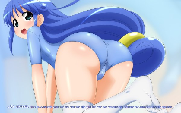 Anime picture 1920x1200 with fushigiboshi no futago hime rein wave ride single long hair blush highres open mouth blue eyes light erotic blue hair ass calendar 2014 girl thighhighs swimsuit white thighhighs calendar