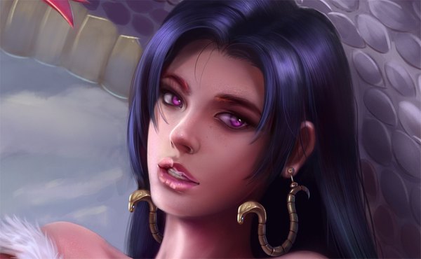 Anime picture 1501x927 with one piece toei animation boa hancock peng wang single long hair looking at viewer black hair wide image sky cloud (clouds) parted lips pink eyes lips realistic lipstick face pink lipstick girl earrings