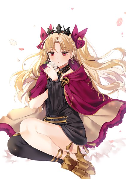 Anime picture 1000x1424 with fate (series) fate/grand order ereshkigal (fate) danggeun single long hair tall image blush fringe simple background blonde hair red eyes white background looking away parted lips wind two side up wind lift girl thighhighs