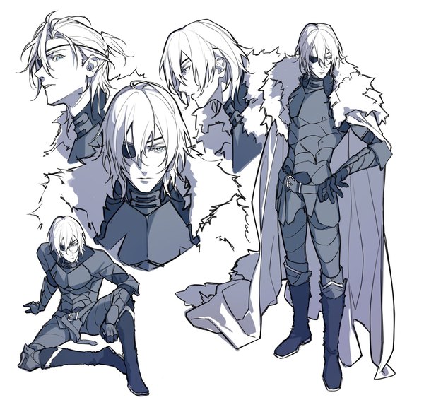 Anime picture 1892x1786 with fire emblem fire emblem: three houses nintendo dimitri alexandre blaiddyd sb (artist) looking at viewer fringe highres short hair simple background hair between eyes standing white background sitting looking away full body profile arm support fur trim multiview