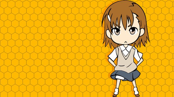 Anime picture 1600x900 with to aru kagaku no railgun to aru majutsu no index j.c. staff misaka mikoto single short hair simple background brown hair wide image standing grey eyes wallpaper chibi serious orange background girl uniform school uniform