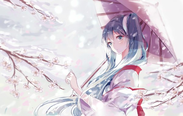Anime picture 1500x955 with vocaloid hatsune miku yuki miku yuki miku (2013) alitia single long hair looking at viewer fringe blue eyes twintails holding blue hair traditional clothes cherry blossoms snowing winter snow girl flower (flowers)